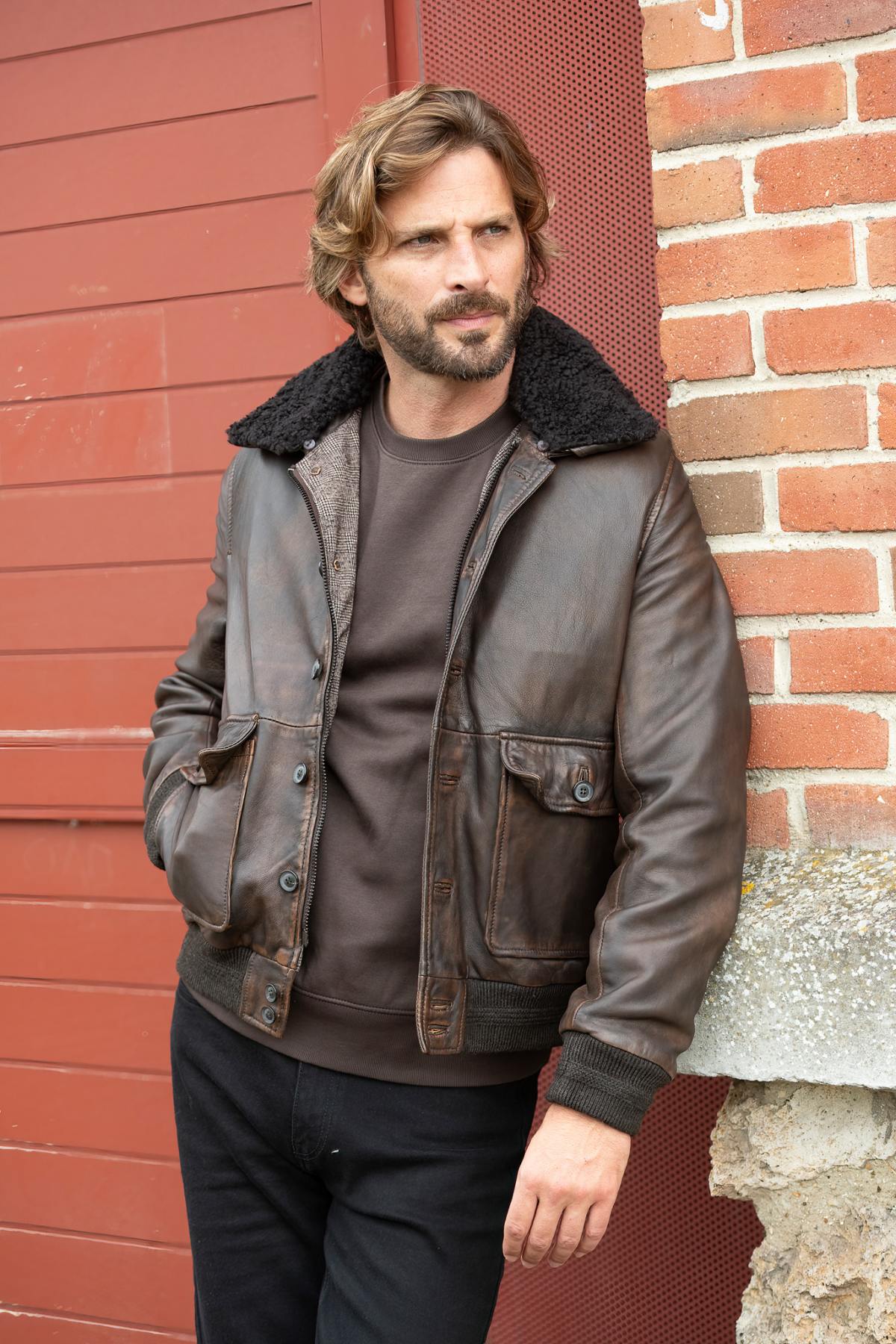 Dark Brown Chic Leather Bomber Jacket - Image n°2