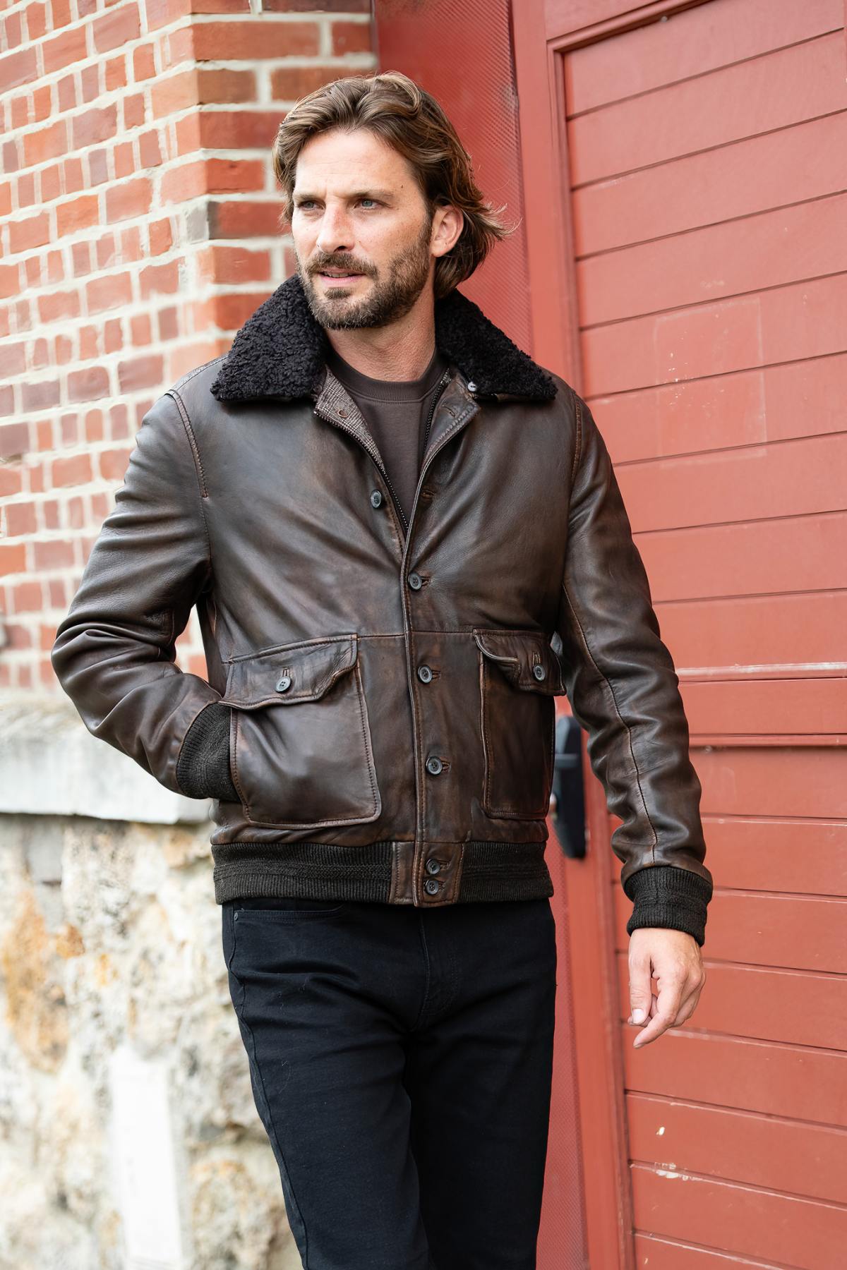 Dark Brown Chic Leather Bomber Jacket - Image n°4