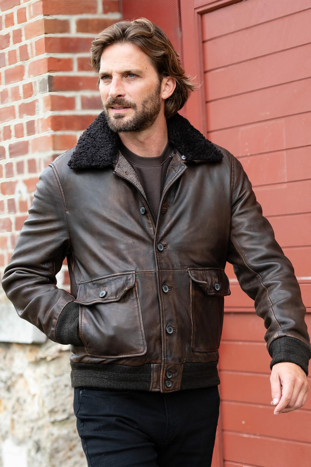 Dark Brown Chic Leather Bomber Jacket - Image n°1