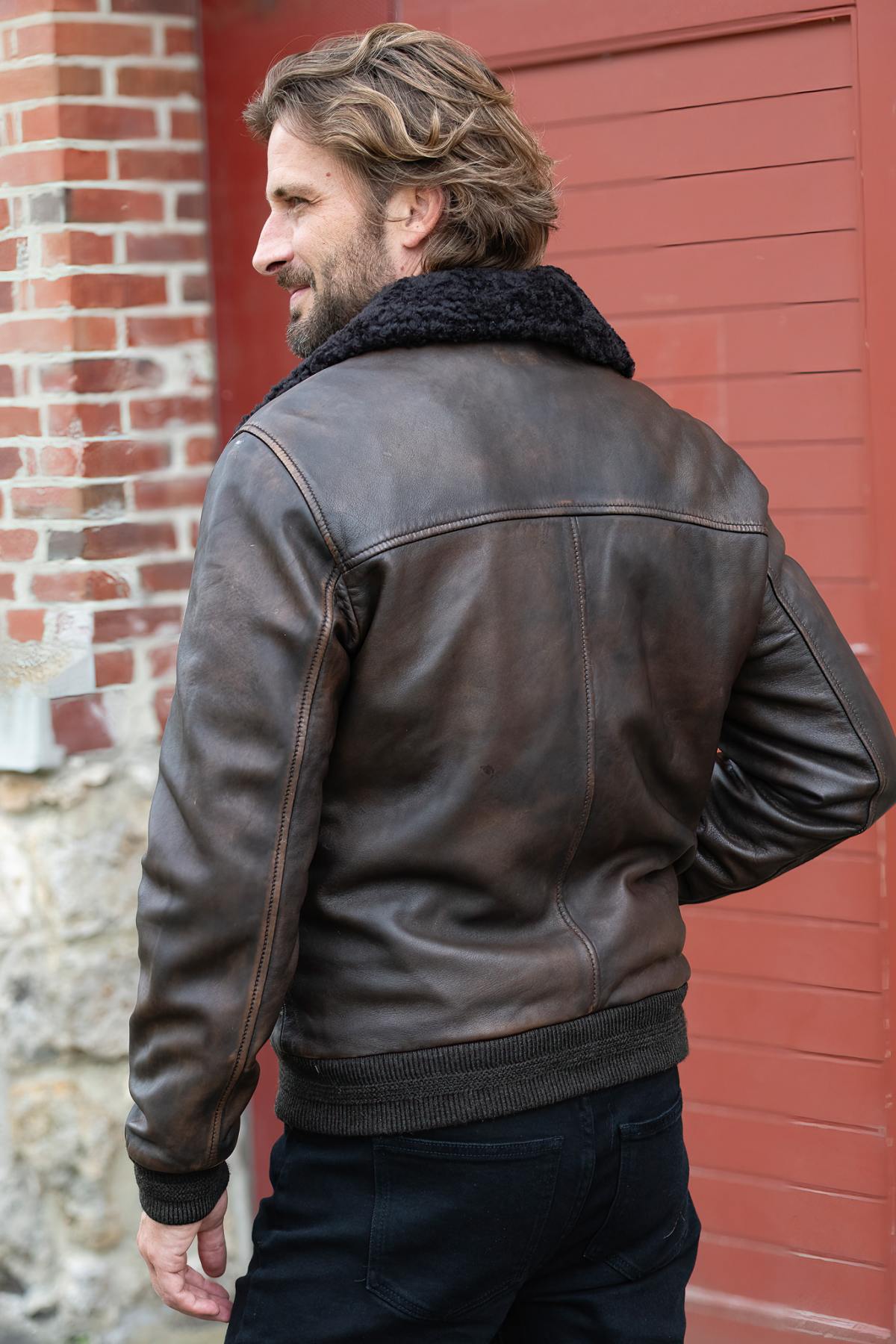 Dark Brown Chic Leather Bomber Jacket - Image n°5