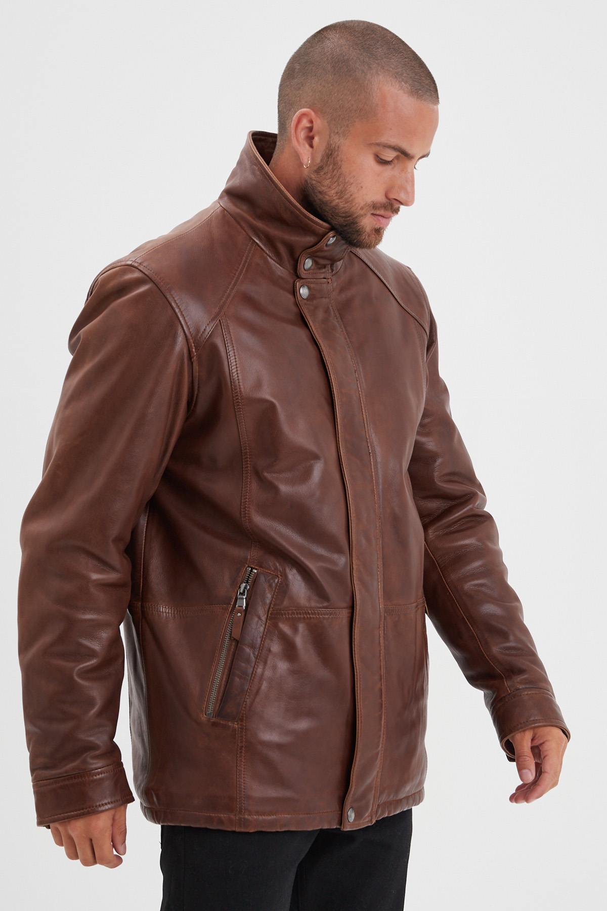 Bison-colored stand-up collar leather jacket with removable facing - Image n°8