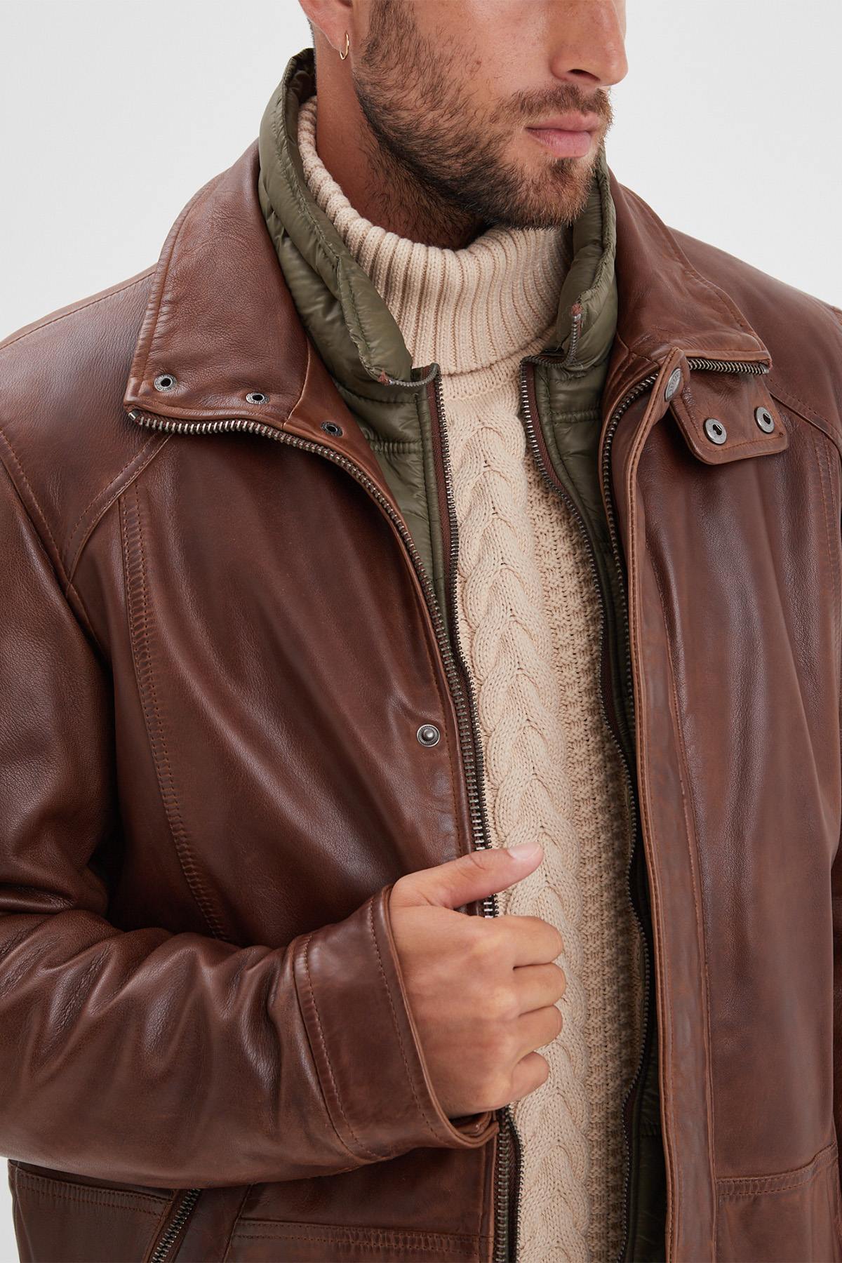 Bison-colored stand-up collar leather jacket with removable facing - Image n°5