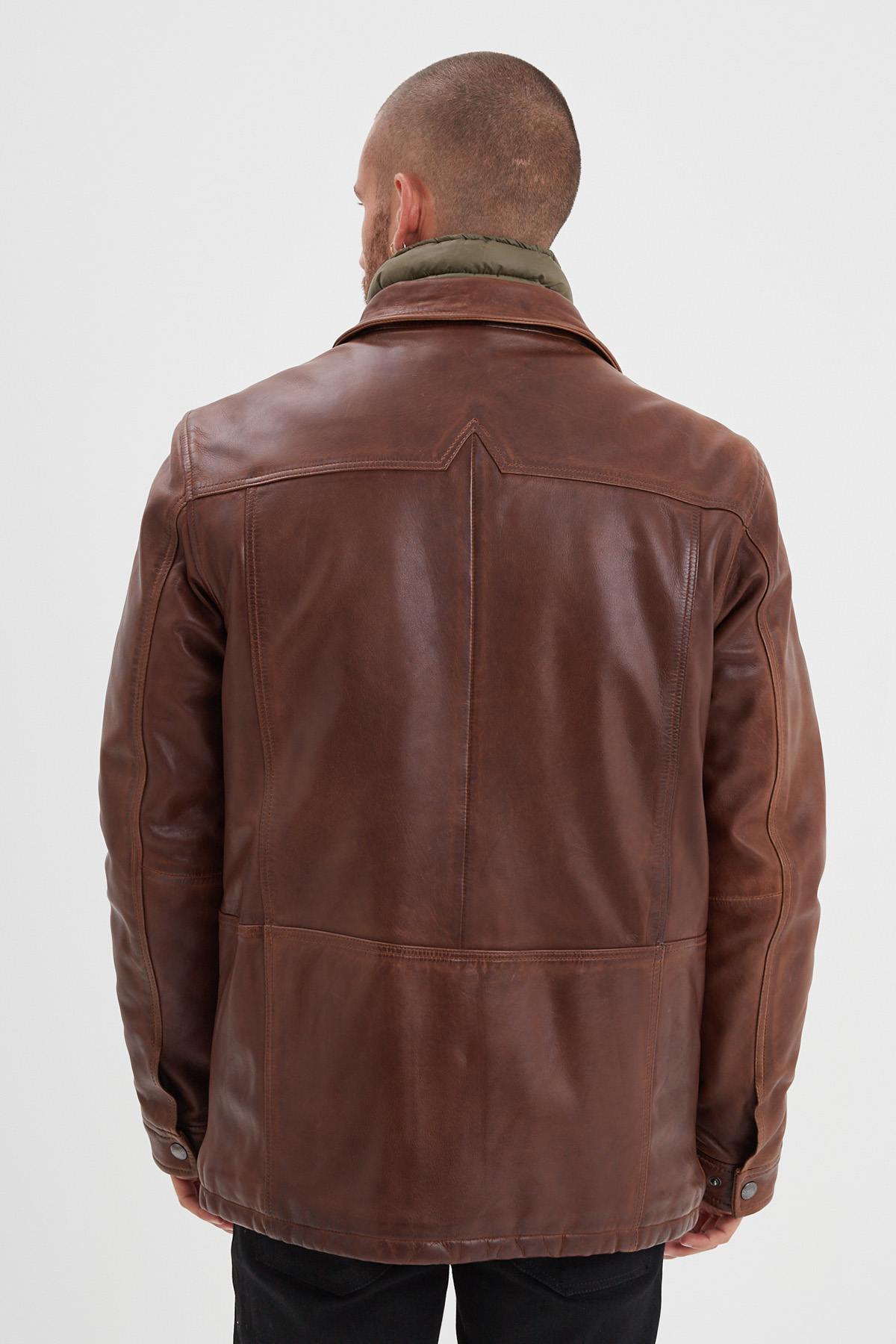 Bison-colored stand-up collar leather jacket with removable facing - Image n°3