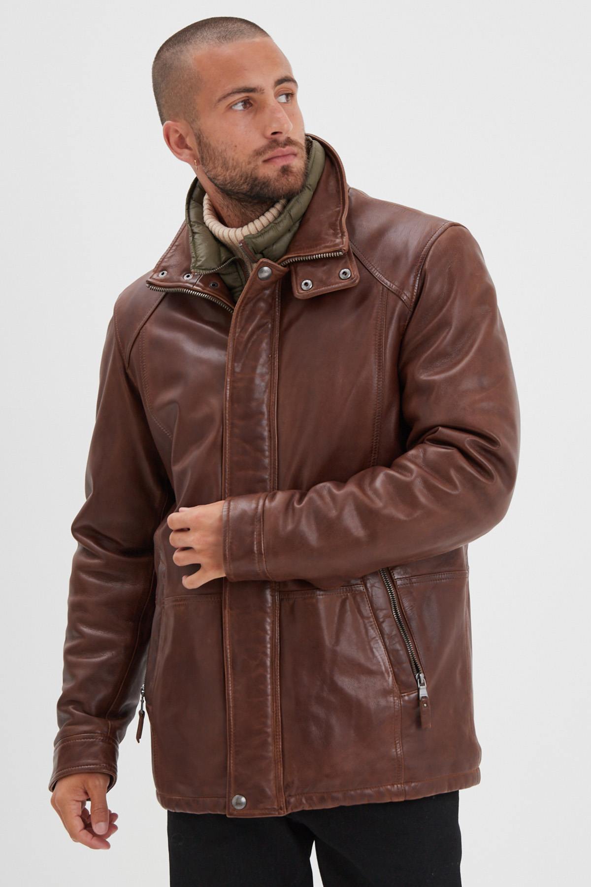 Bison-colored stand-up collar leather jacket with removable facing - Image n°7