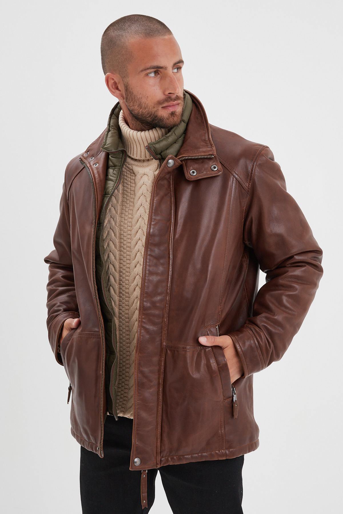 Bison-colored stand-up collar leather jacket with removable facing - Image n°1