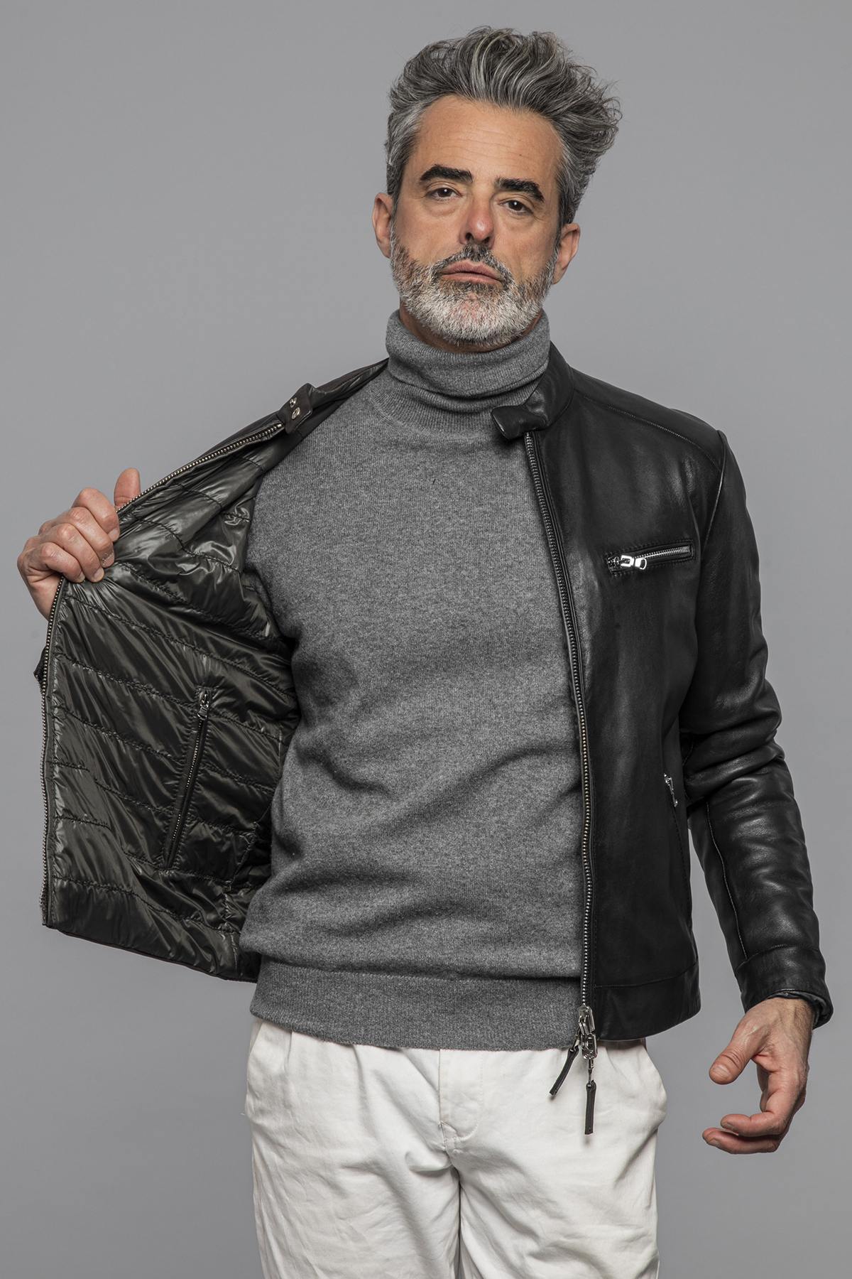 Reversible biker collar leather jacket with quilted lining - Image n°1