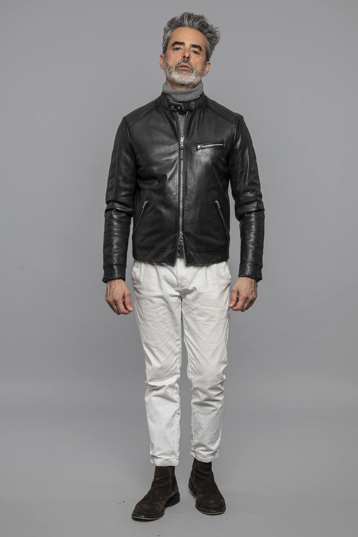 Reversible biker collar leather jacket with quilted lining - Image n°3