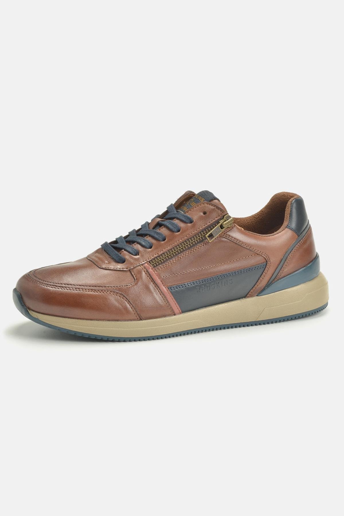 Cognac and navy leather sneakers with laces and side zip - Image n°1