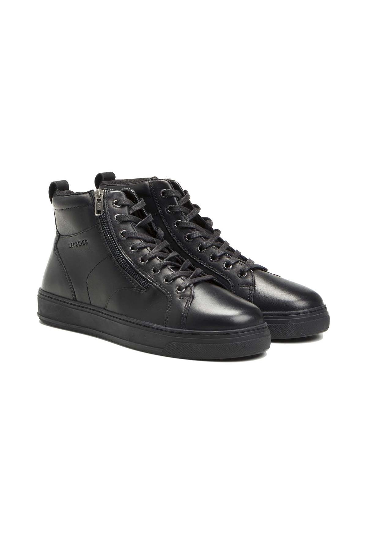 Black leather high-top sneakers with laces and zip - Image n°1