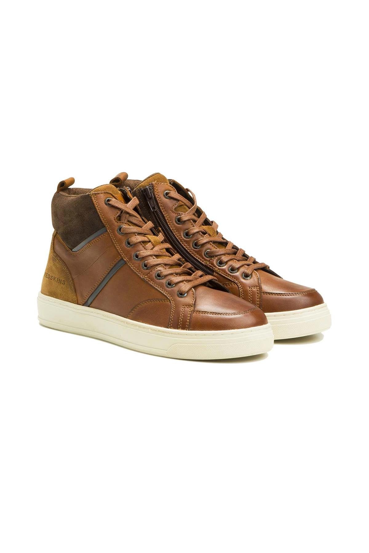 High-top sneakers in cognac leather with suede split - Image n°1