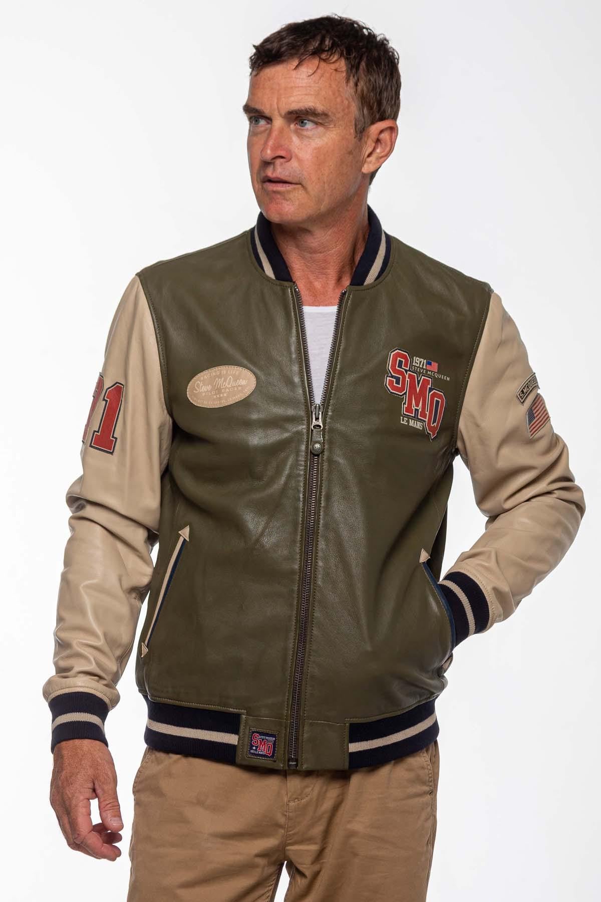 Steve McQueen themed light khaki leather varsity teddy - Image n°2