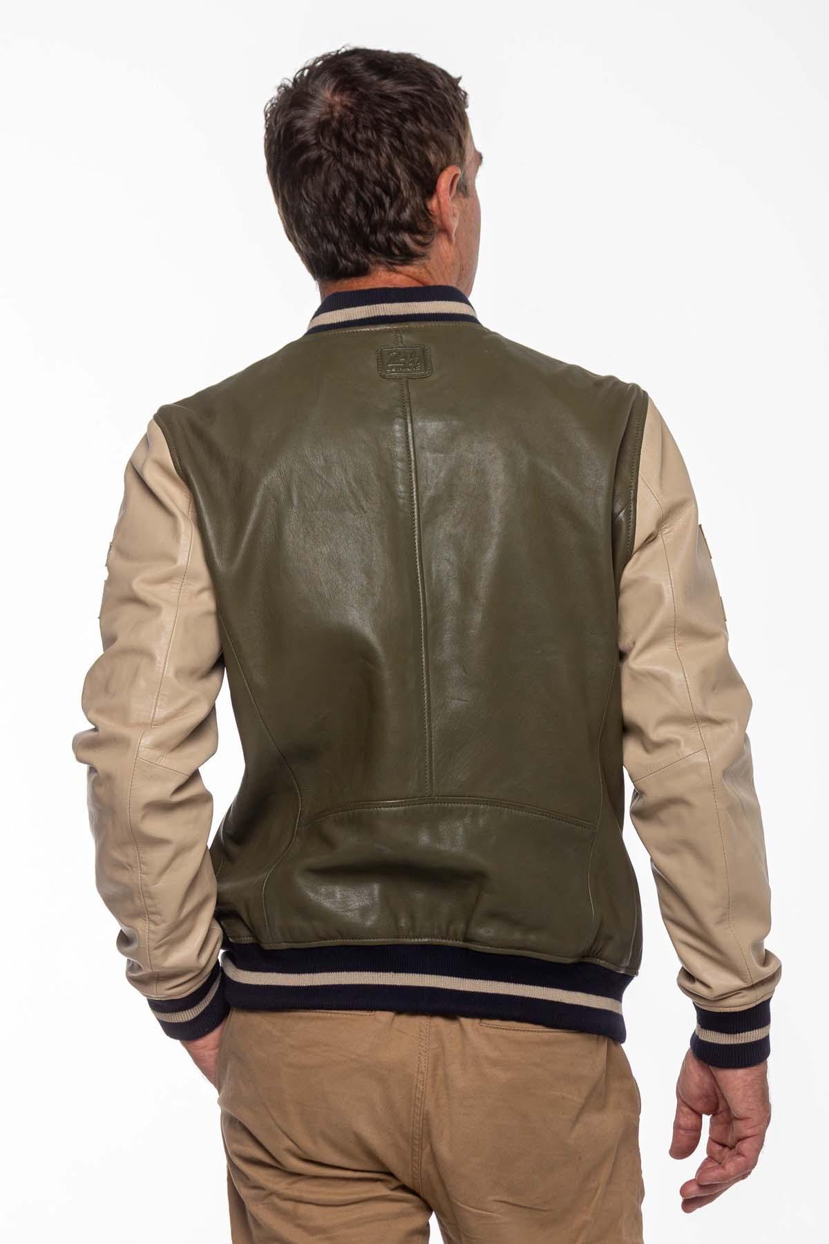 Steve McQueen themed light khaki leather varsity teddy - Image n°3