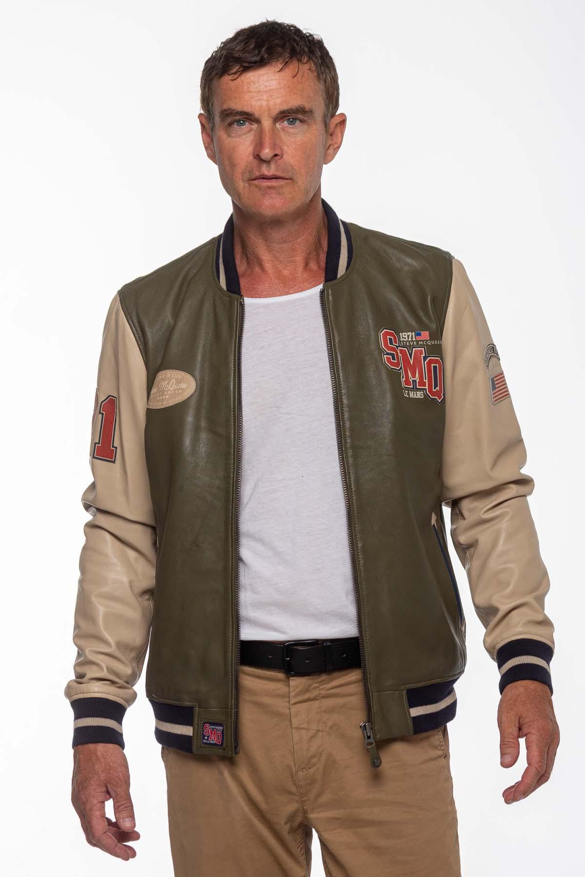 Steve McQueen themed light khaki leather varsity teddy - Image n°5