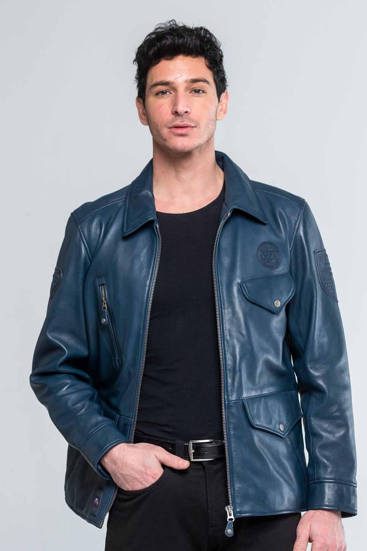 Royal blue shirt collar leather jacket - Image n°1