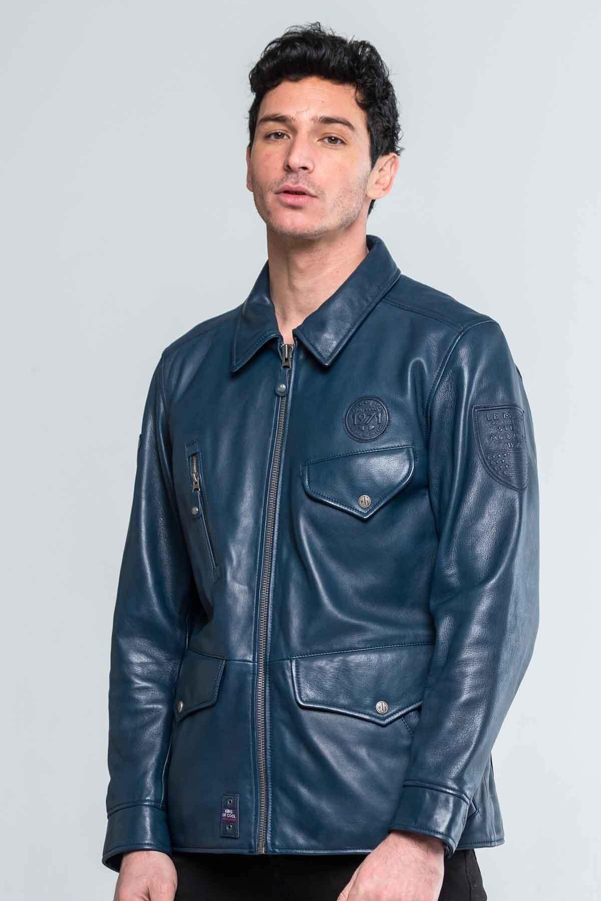 Royal blue shirt collar leather jacket - Image n°3