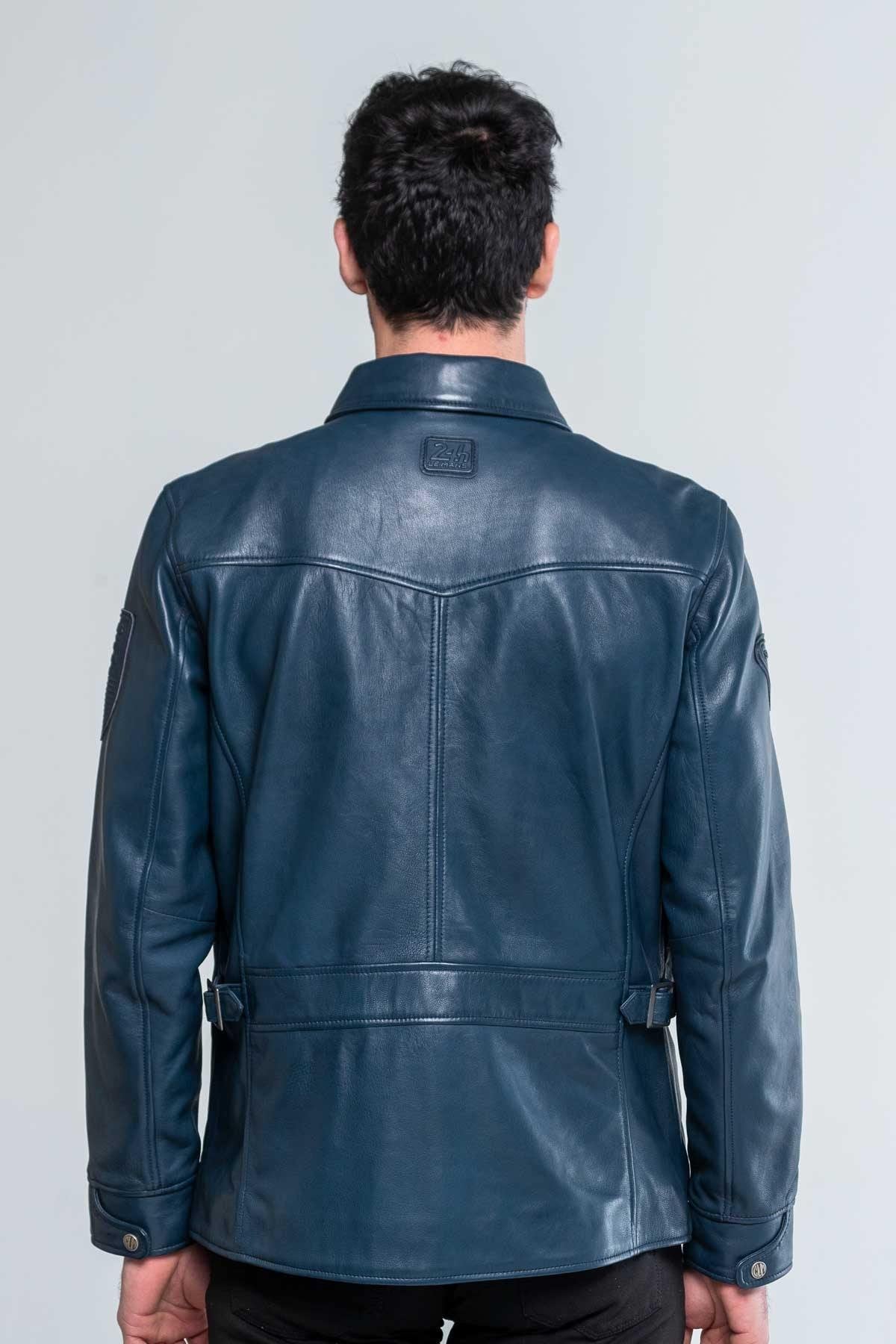 Royal blue shirt collar leather jacket - Image n°2