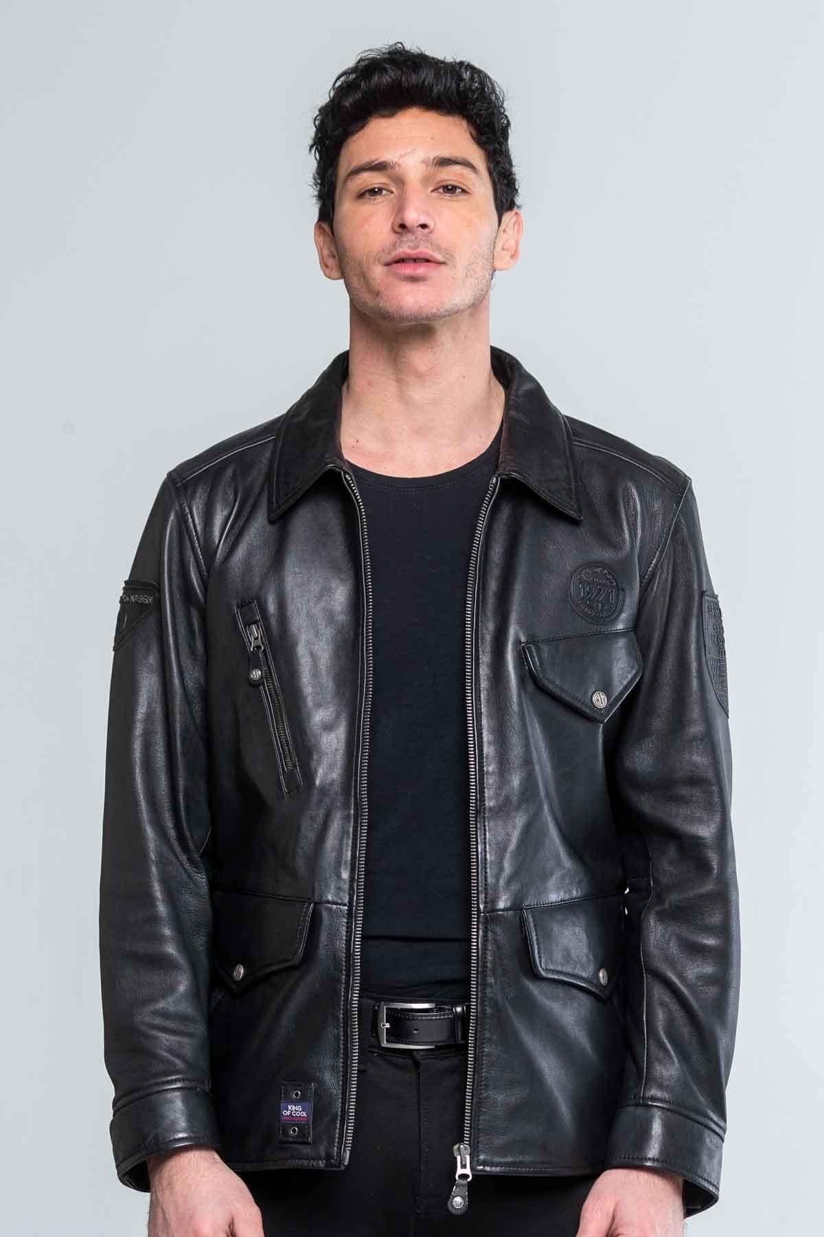 Black shirt collar leather jacket - Image n°1