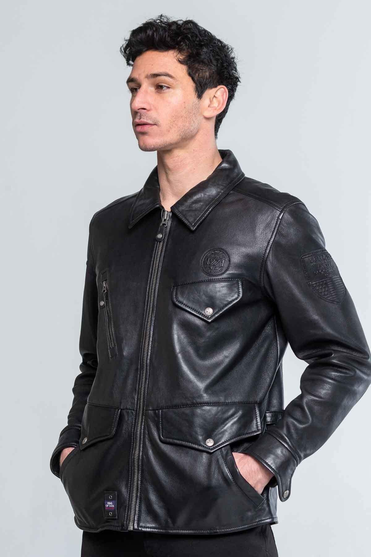 Black shirt collar leather jacket - Image n°3