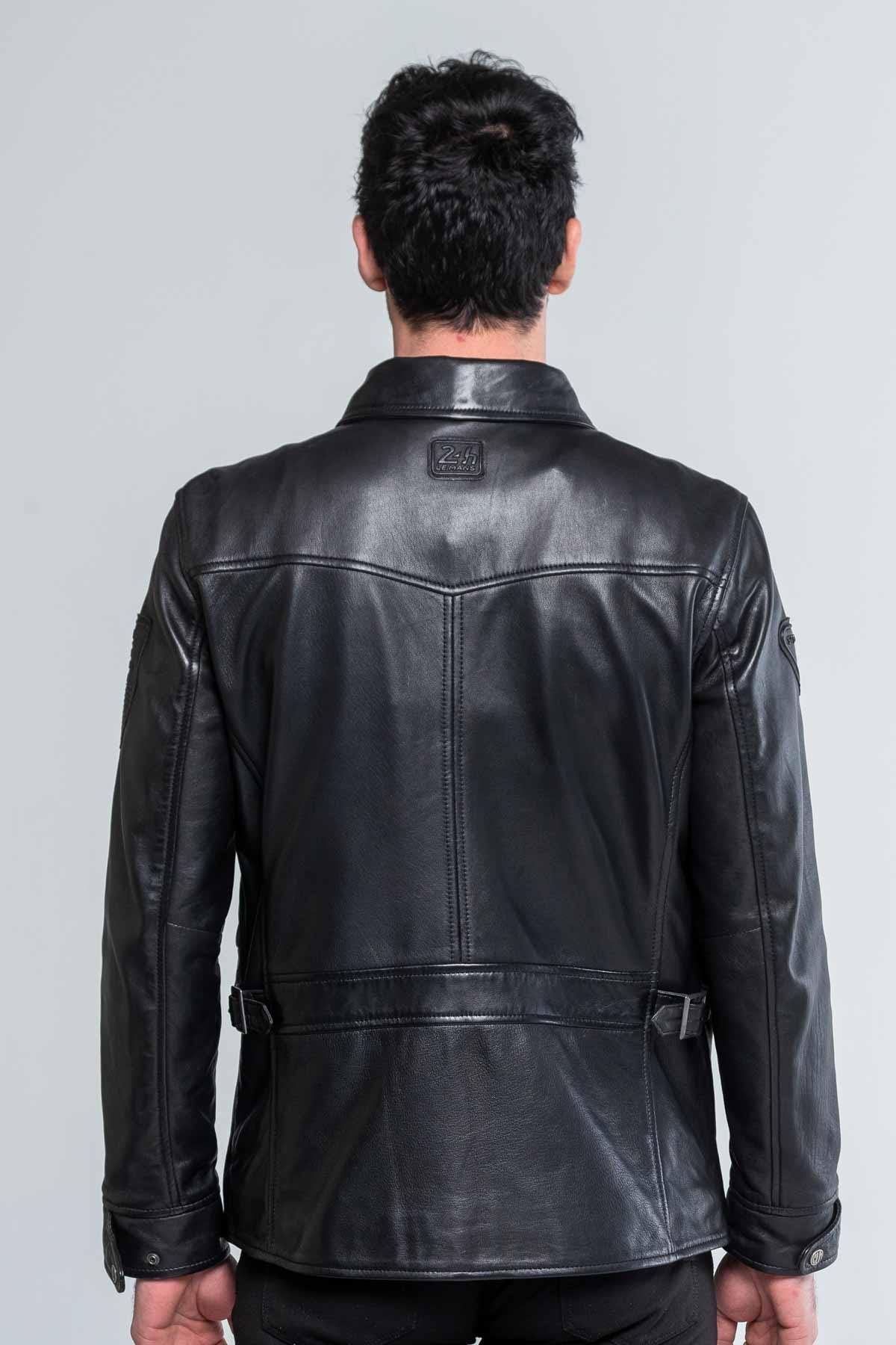 Black shirt collar leather jacket - Image n°2