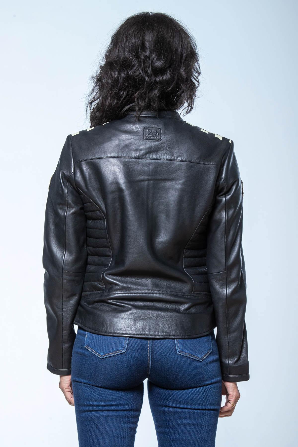 Black leather jacket with biker collar and checkerboard on the shoulder - Image n°4