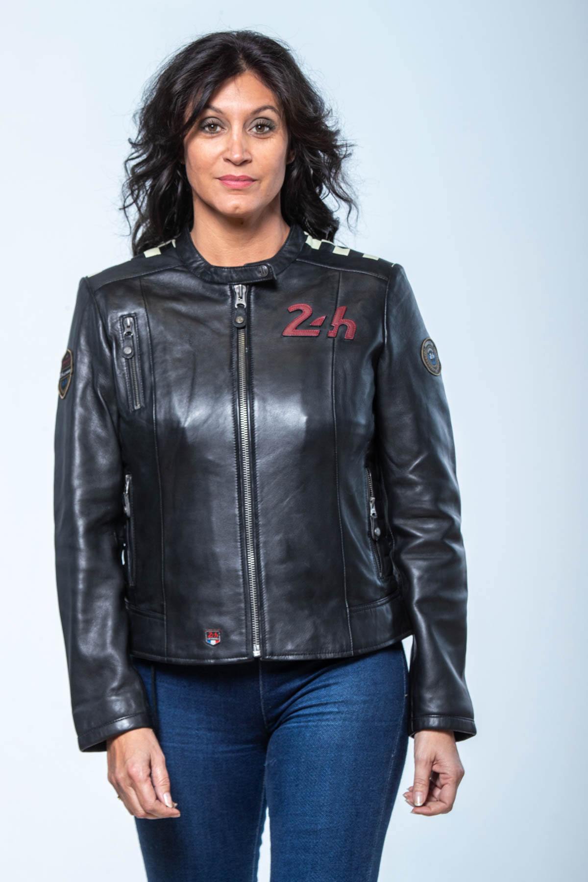 Black leather jacket with biker collar and checkerboard on the shoulder - Image n°1