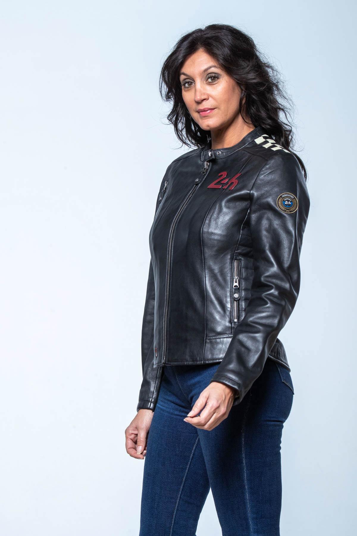 Black leather jacket with biker collar and checkerboard on the shoulder - Image n°5