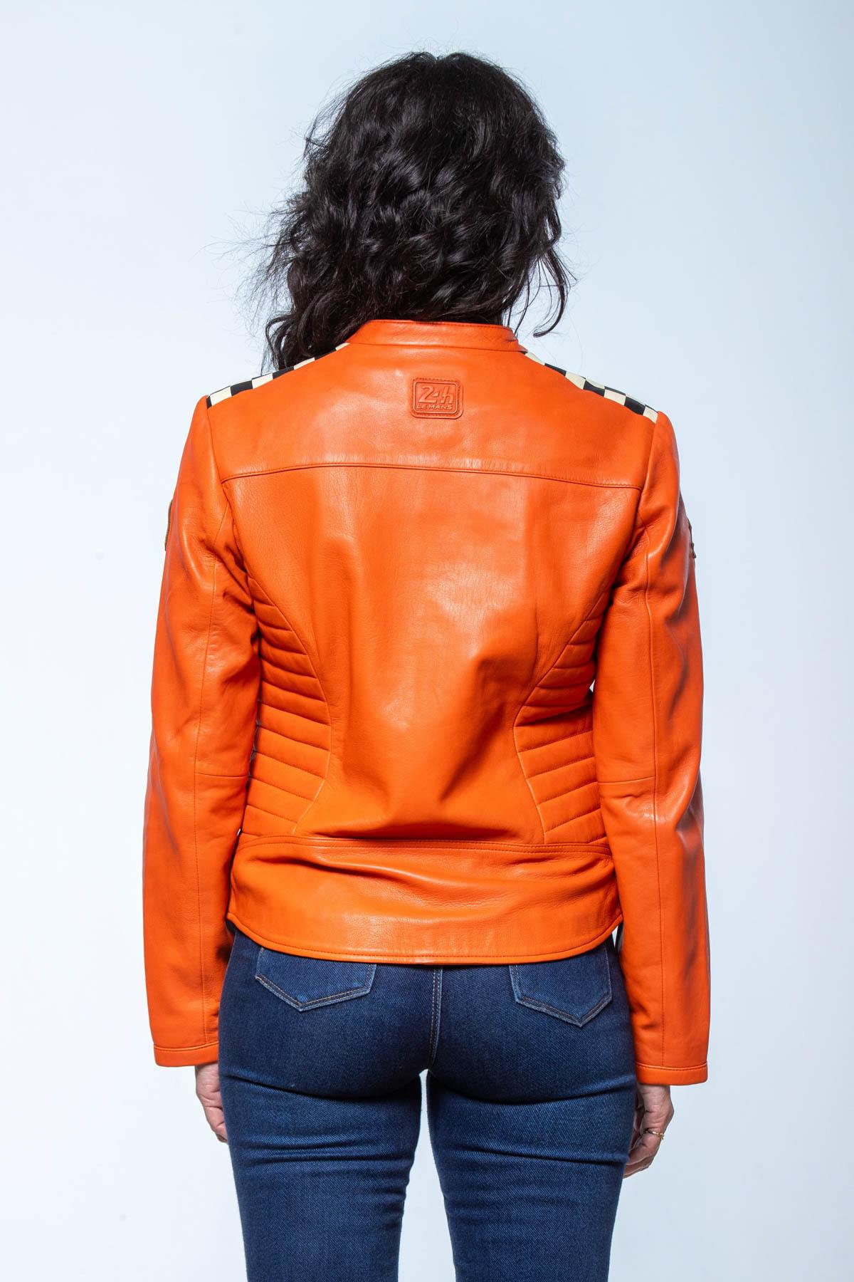 Orange leather jacket with biker collar and checkerboard on the shoulder - Image n°3