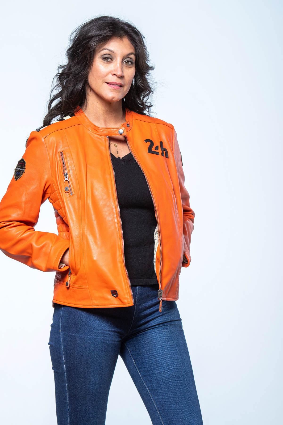 Orange leather jacket with biker collar and checkerboard on the shoulder - Image n°1