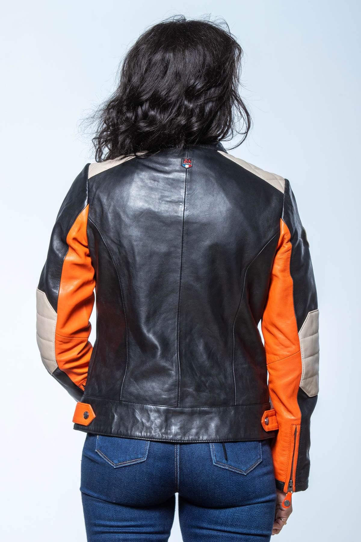 Orange, black and ecru biker collar leather jacket - Image n°4