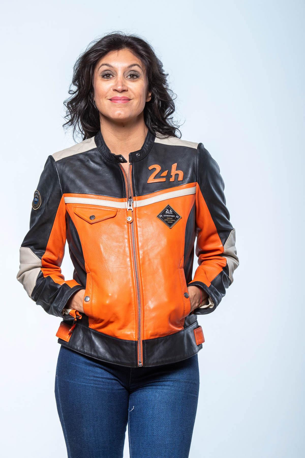 Orange, black and ecru biker collar leather jacket - Image n°3