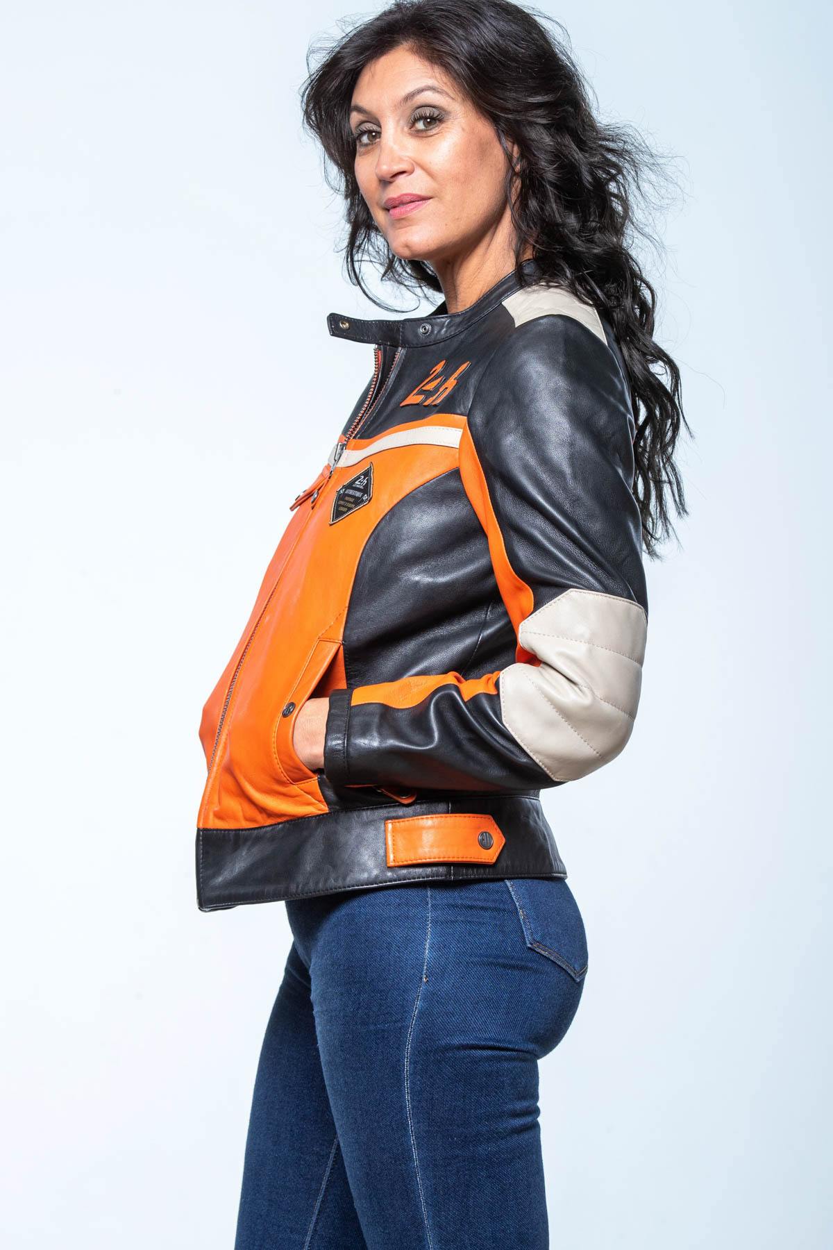 Orange, black and ecru biker collar leather jacket - Image n°2