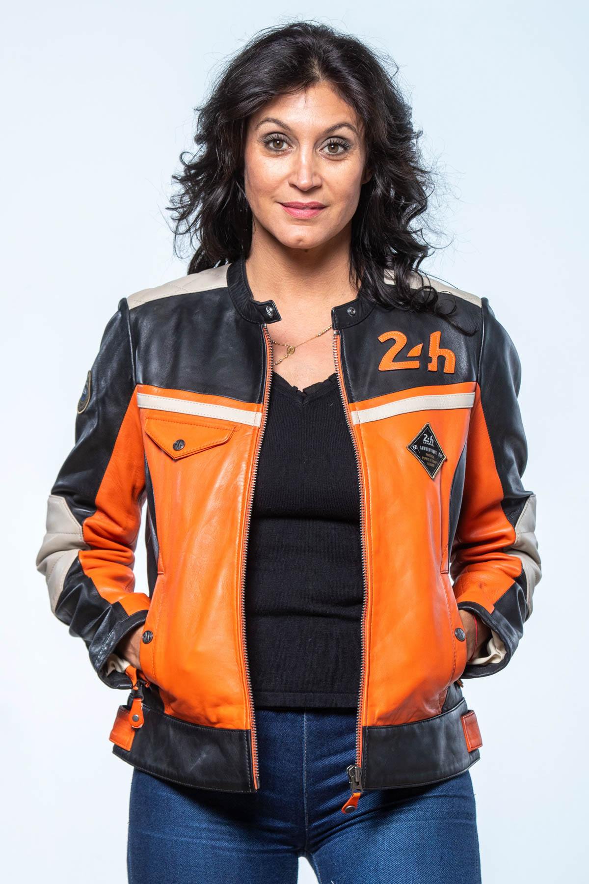 Orange, black and ecru biker collar leather jacket - Image n°1