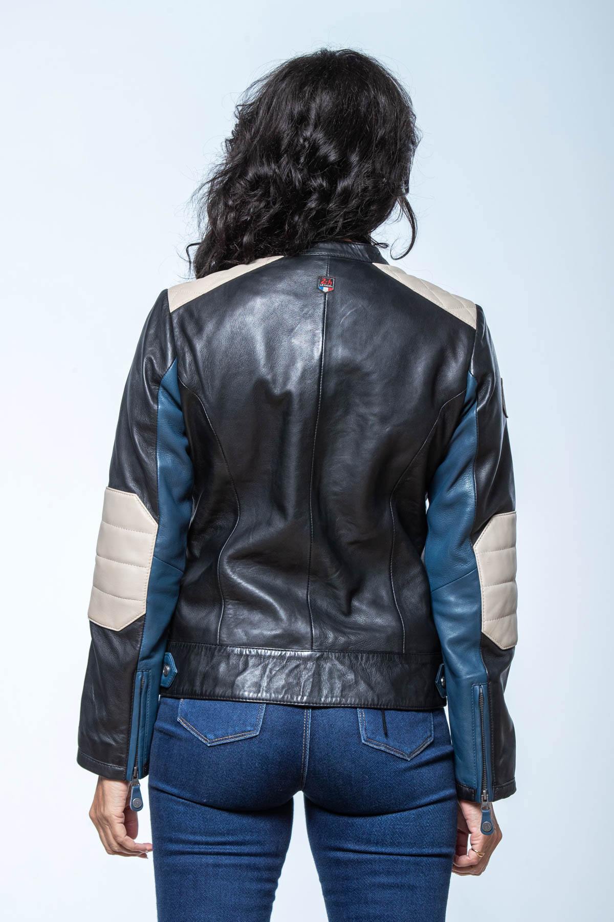 Royal blue, black and ecru biker collar leather jacket - Image n°2