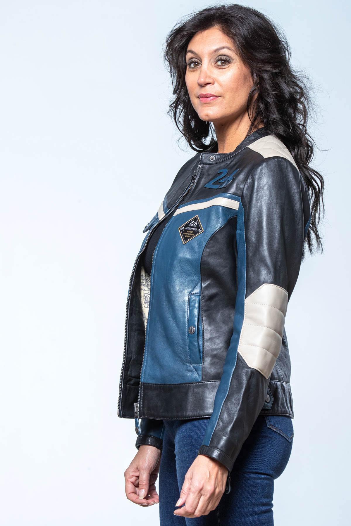 Royal blue, black and ecru biker collar leather jacket - Image n°3