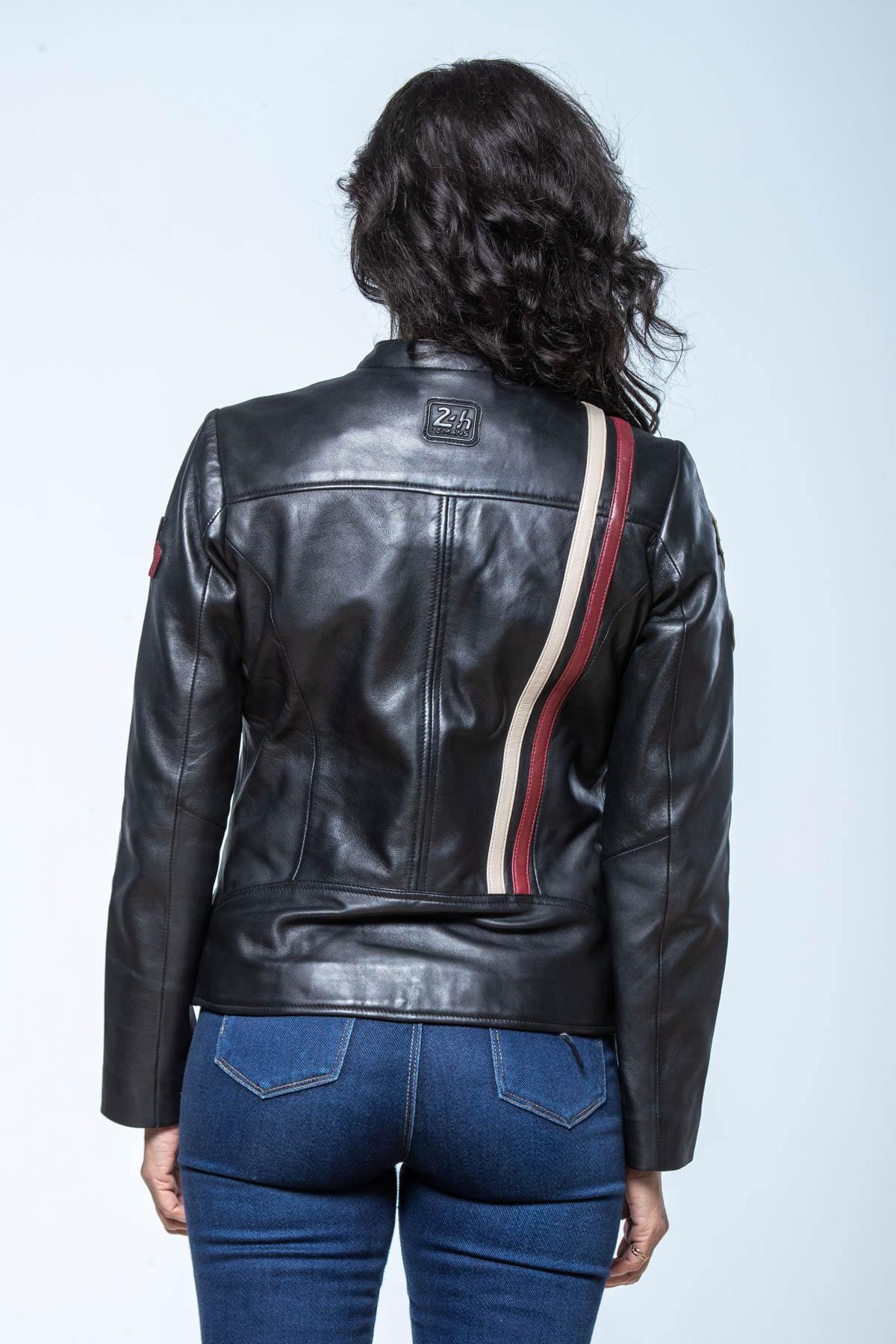 Black leather jacket with biker collar and racing stripes - Image n°3