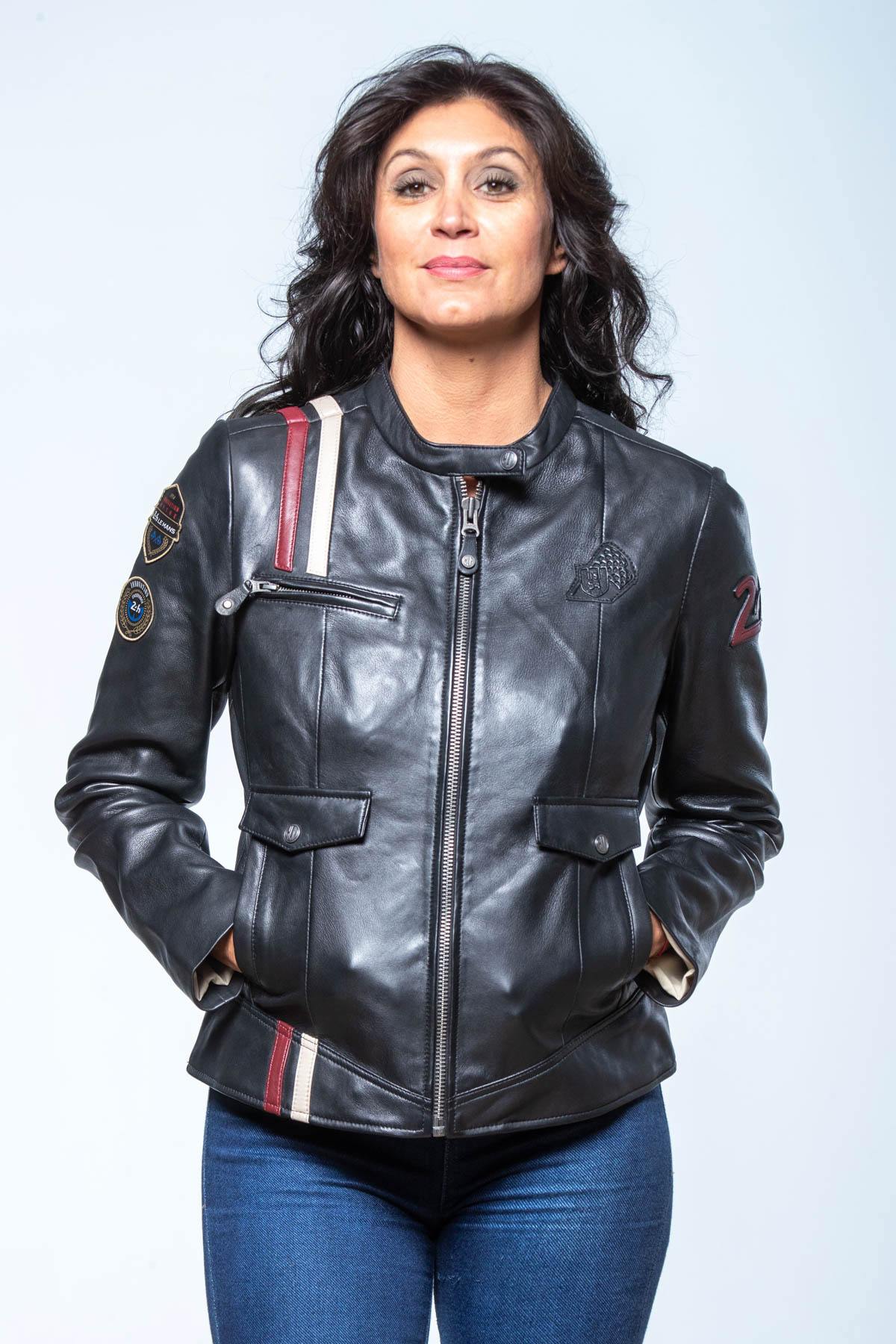 Black leather jacket with biker collar and racing stripes - Image n°1