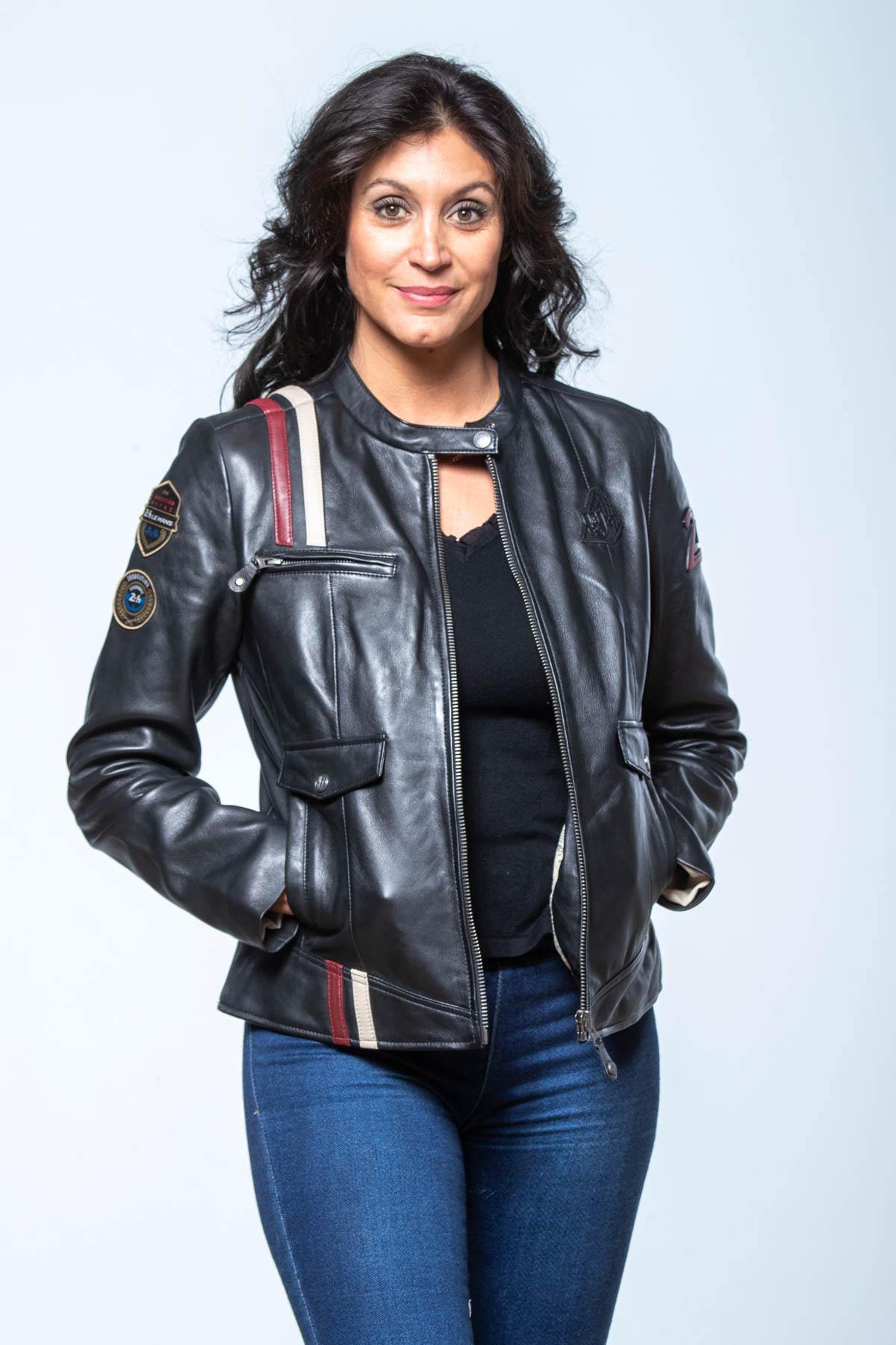 Black leather jacket with biker collar and racing stripes - Image n°2