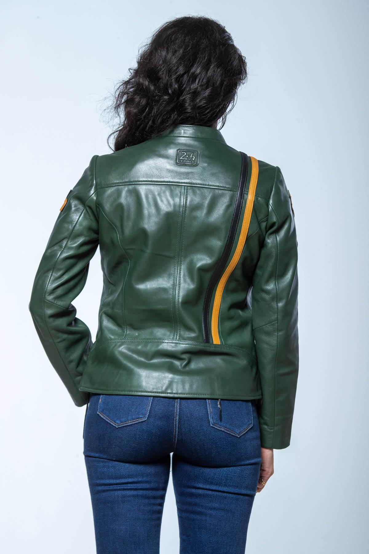 Green leather jacket with biker collar and racing stripes - Image n°3