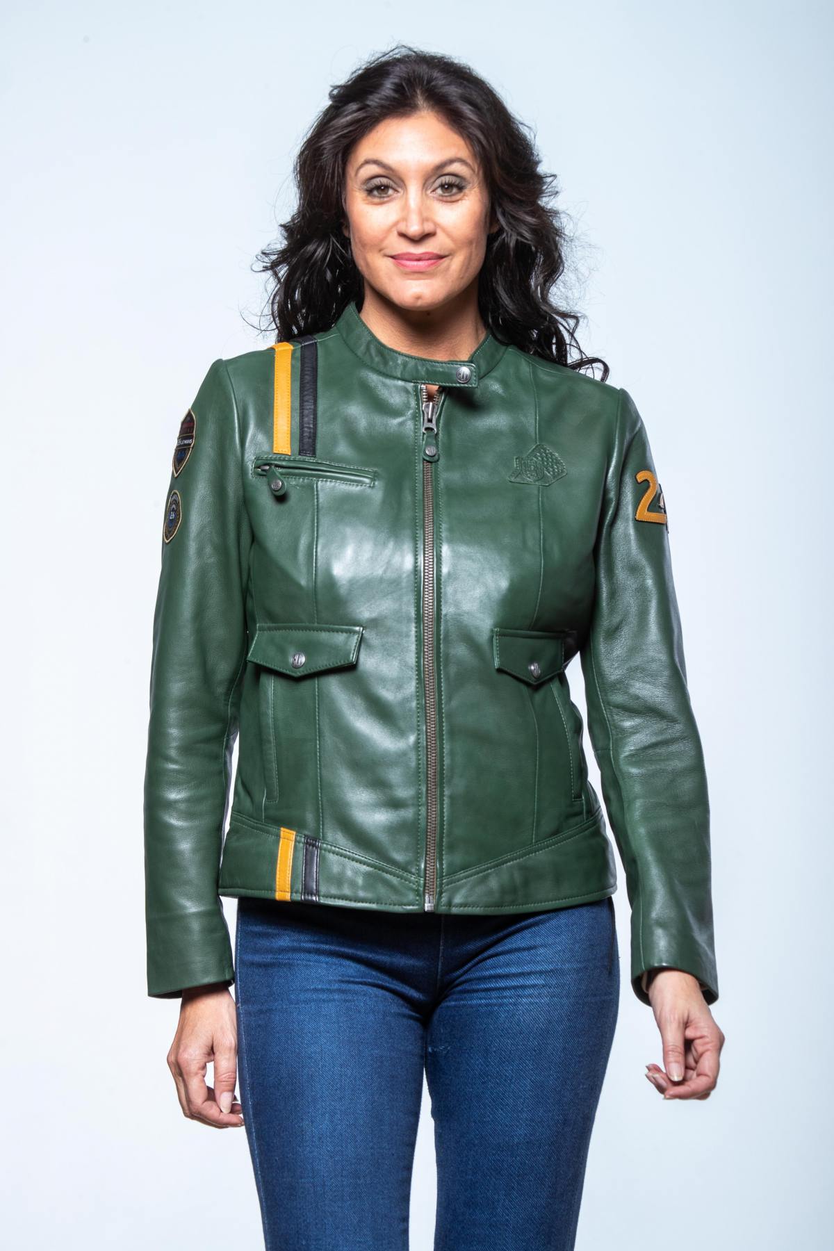 Green leather jacket with biker collar and racing stripes - Image n°2