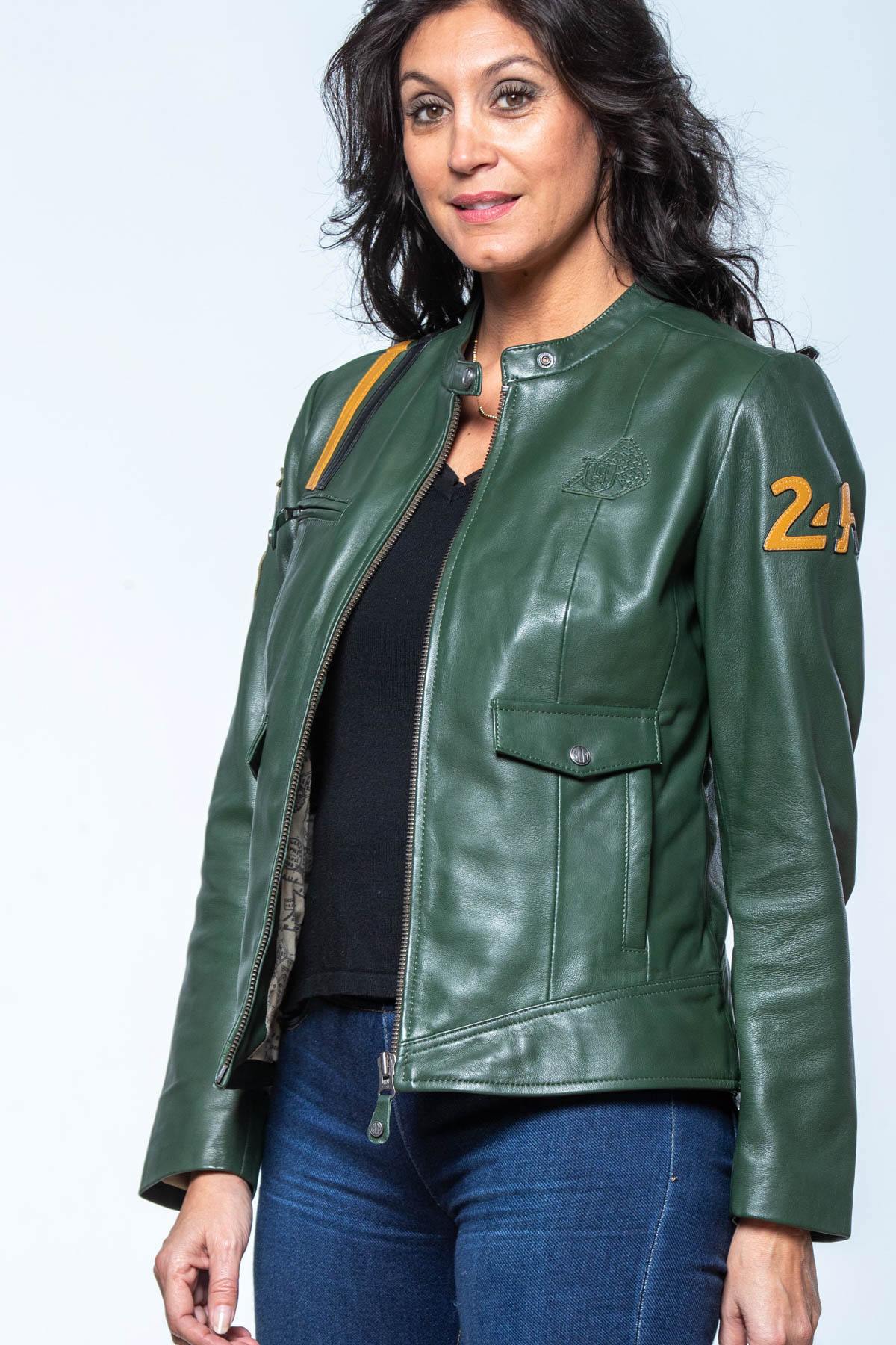 Green leather jacket with biker collar and racing stripes - Image n°1