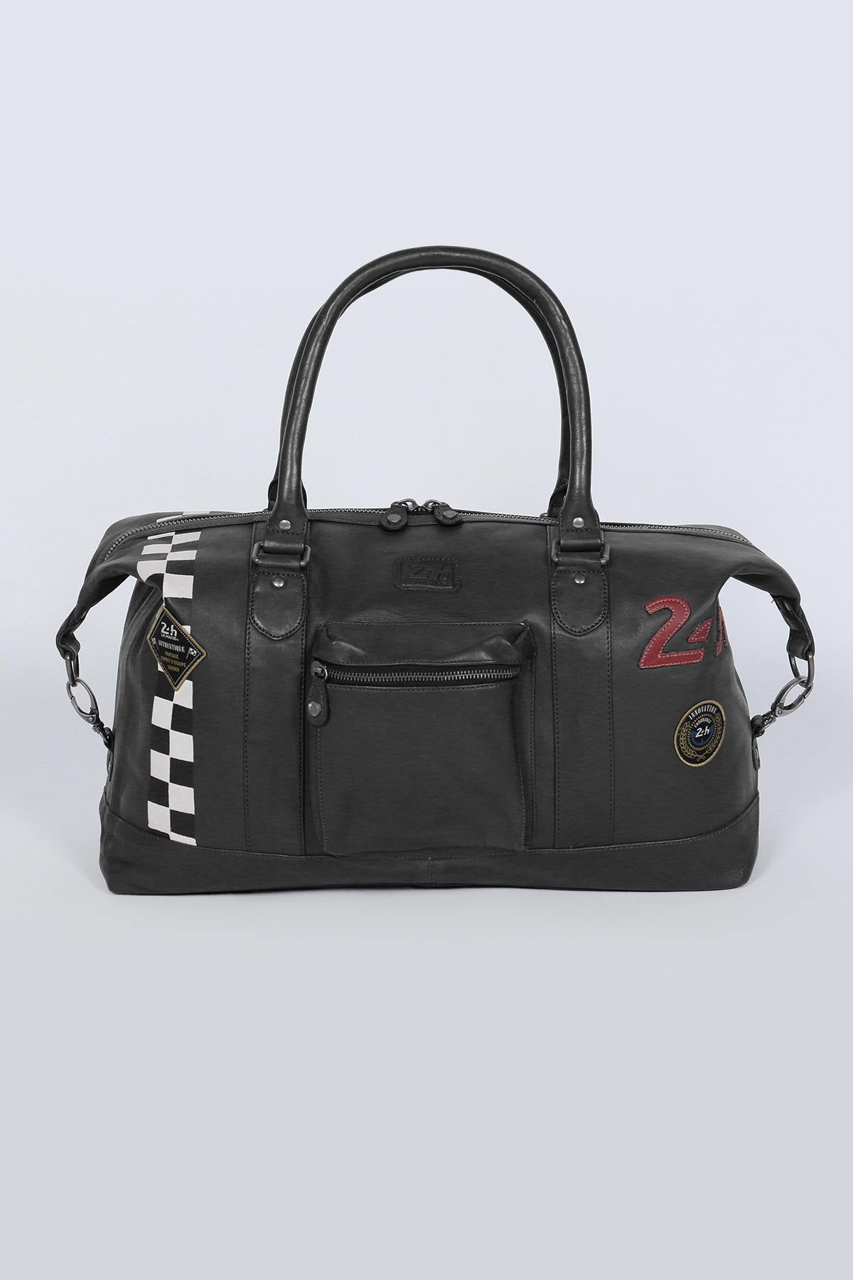 Black leather travel bag with racing checkerboard - Image n°1