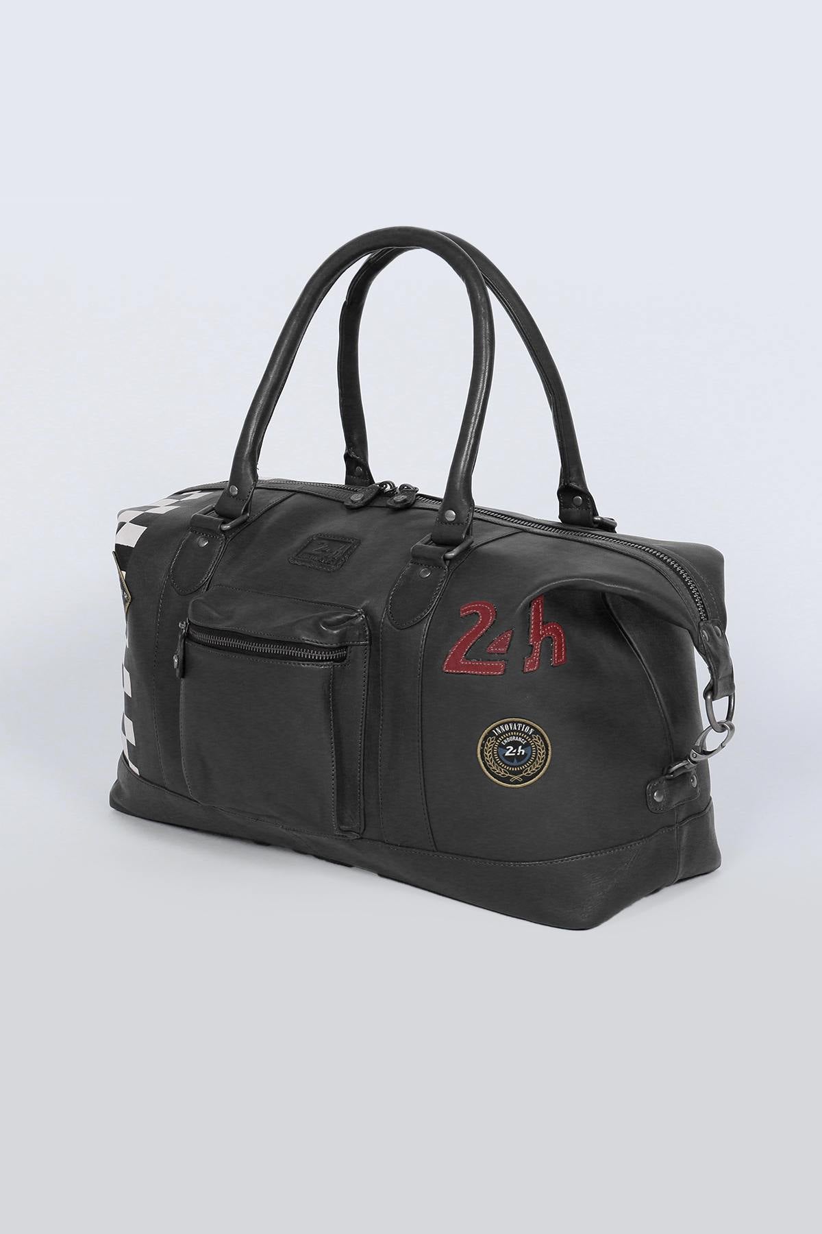 Black leather travel bag with racing checkerboard - Image n°3