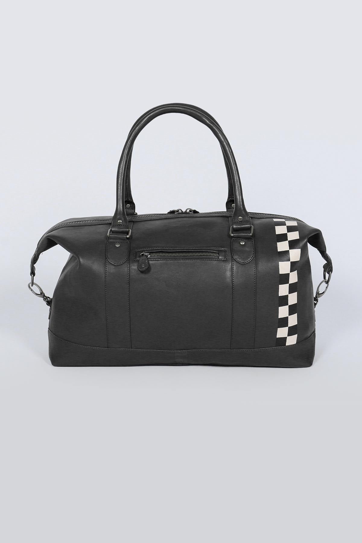 Black leather travel bag with racing checkerboard - Image n°2