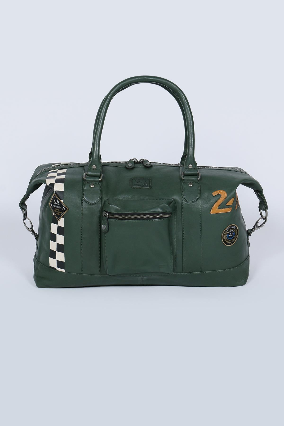 Green leather travel bag with racing checkerboard - Image n°1