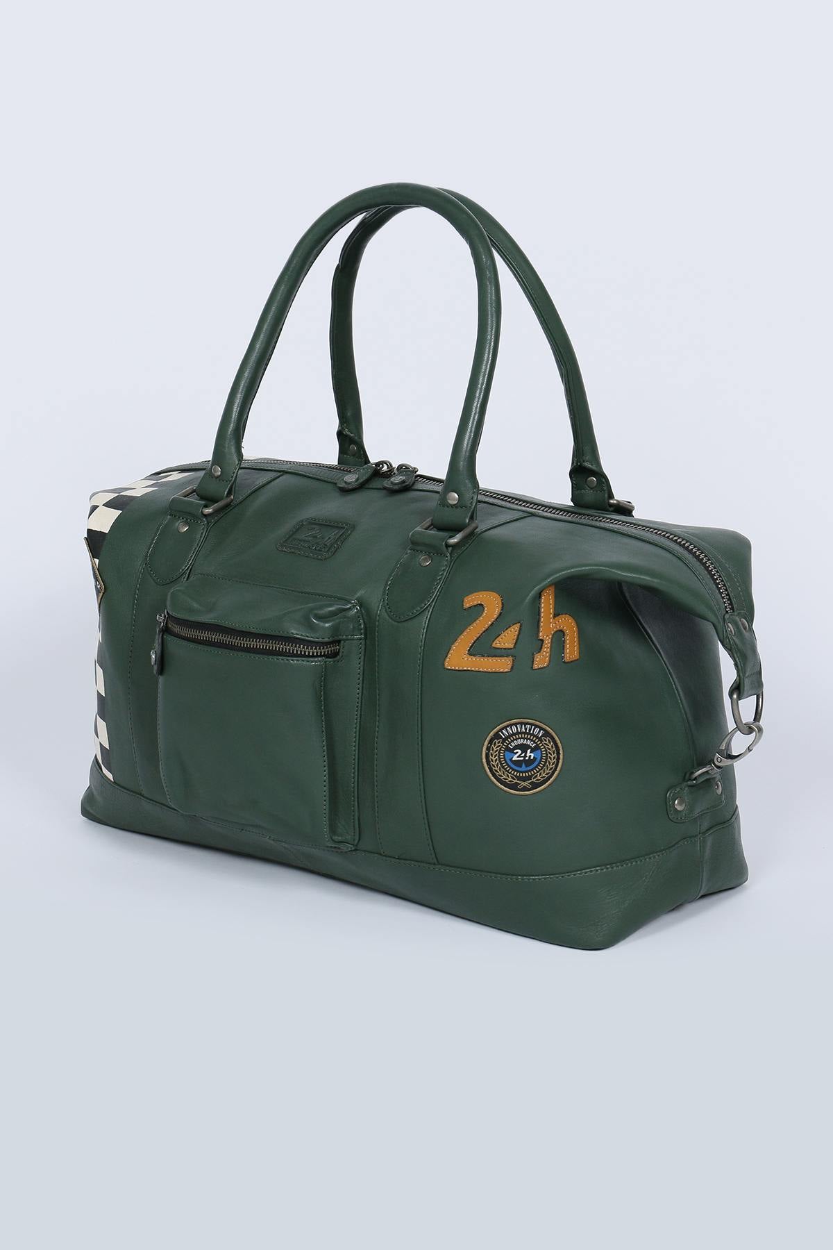 Green leather travel bag with racing checkerboard - Image n°3