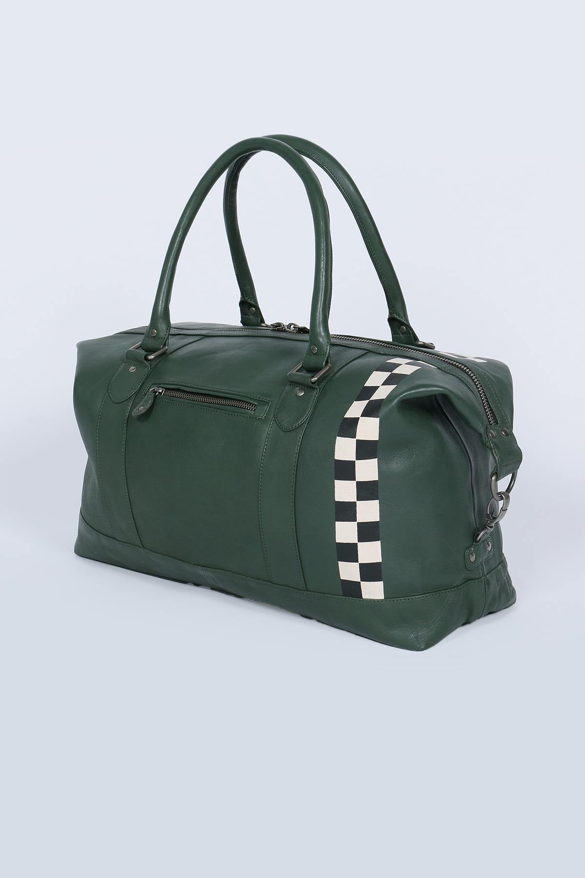 Green leather travel bag with racing checkerboard - Image n°4