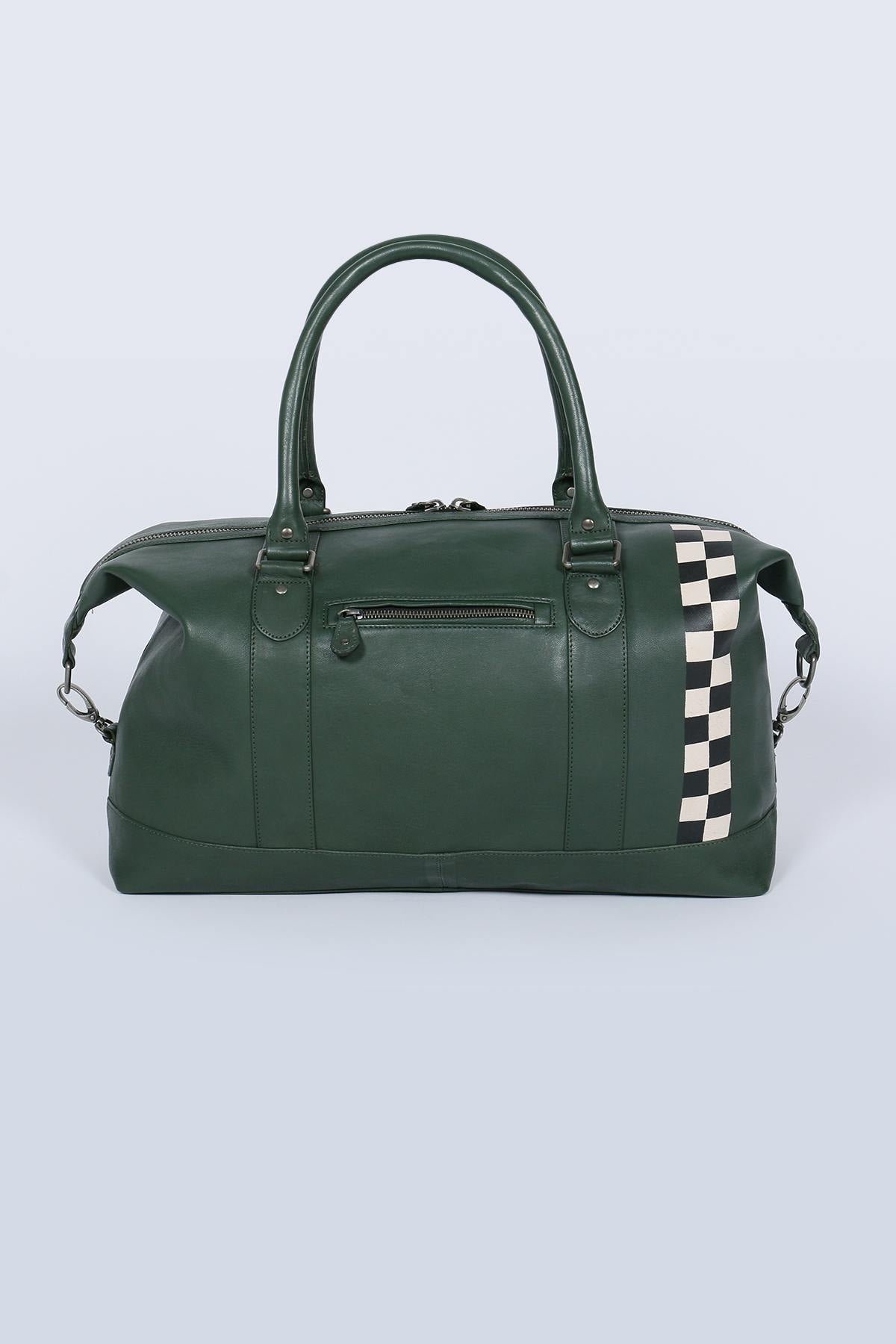 Green leather travel bag with racing checkerboard - Image n°2