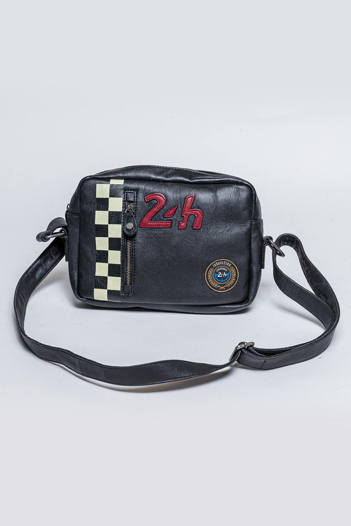 Black racing leather shoulder reporter bag - Image n°1