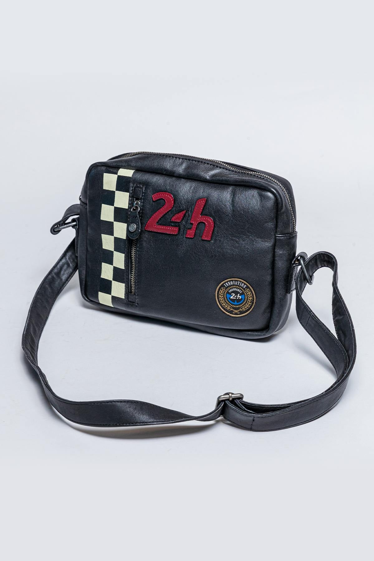 Black racing leather shoulder reporter bag - Image n°3