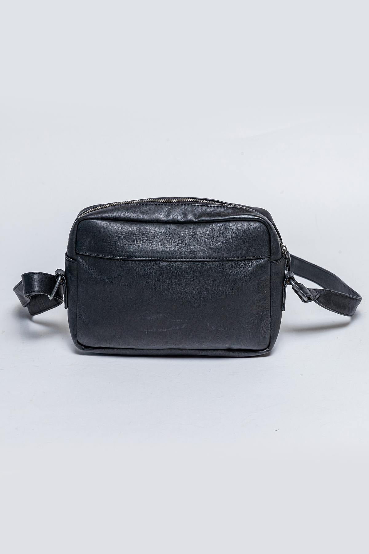 Black racing leather shoulder reporter bag - Image n°2